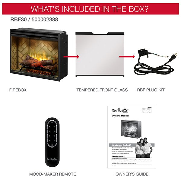 Dimplex Revillusion 30" Built-In Firebox Herringbone with Glass Pane and Plug Kit included